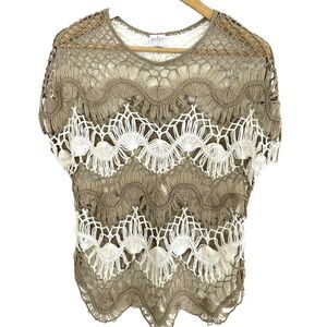 Open Knit Sweater Soho Size Medium Tan Crocheted Coastal Cottage Short Sleeve